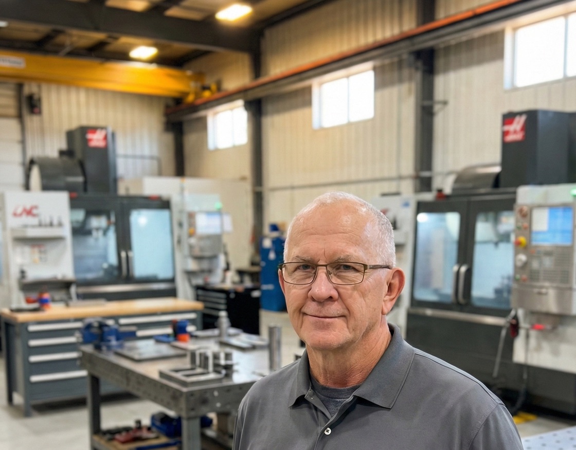 Stu Jensen on the shop floor with CNC machines